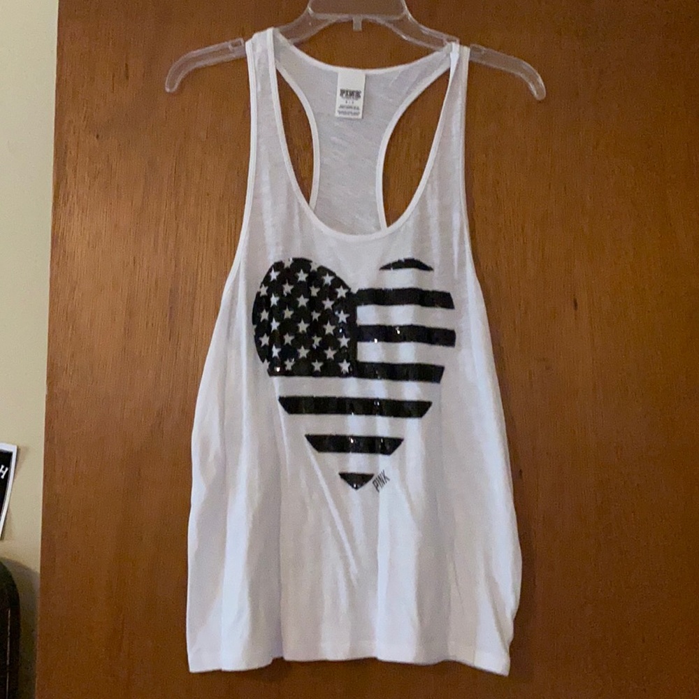 PINK, sequined American flag tank.